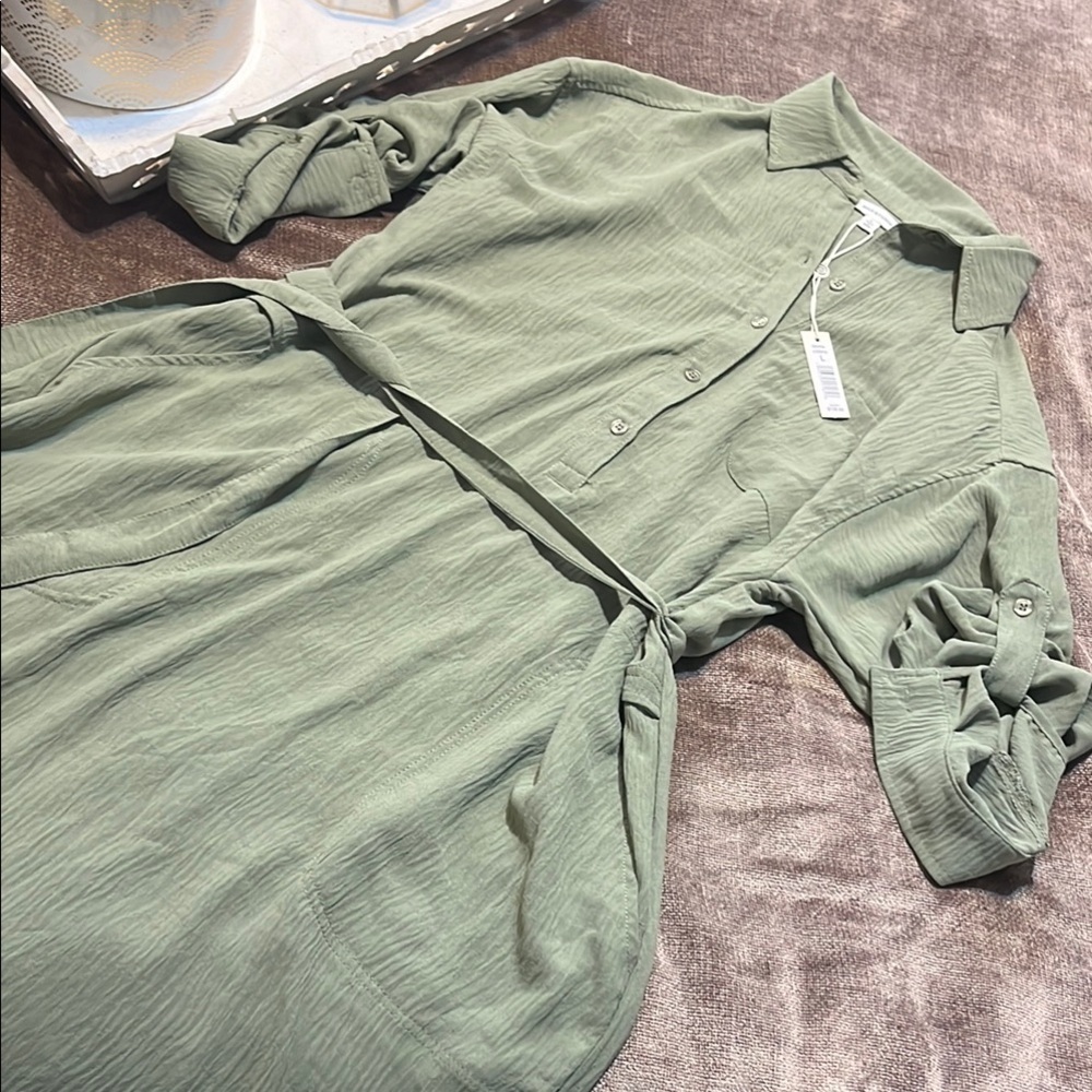 NWT Max Studio Olive Green Button Down Belted Dress - Size Large